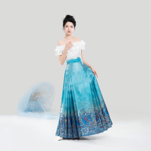 上衣搭妆花暗纹织金马面裙汉服女 一字领荷叶边衬衫 织造司 五行水