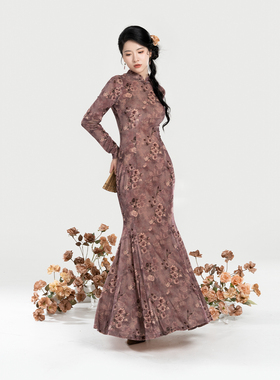 织造司[玫瑰海]新中式国风立领盘扣长袖旗袍连衣裙高弹丝绒鱼尾裙