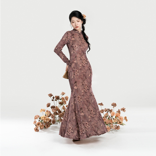 国风立领盘扣长袖 新中式 旗袍连衣裙高弹丝绒鱼尾裙 玫瑰海 织造司