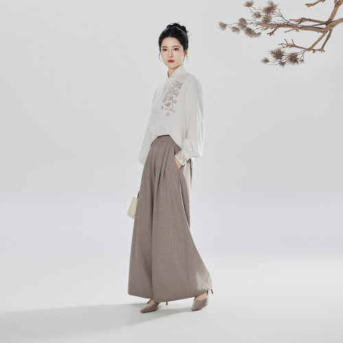 织造司[松玉]新中式国风长袖衬衫上衣改良宋裤汉服百褶裙半身裙女
