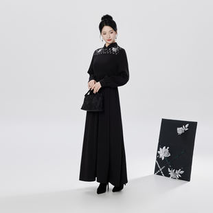 织造司[月下曲]新中式立领黑色国风连衣裙冬装高级感气质感长裙女
