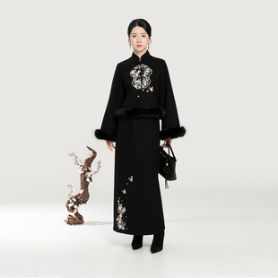 织造司[丝绸宫扇]新中式补子绣花立领对襟外套直筒开衩半身裙套装