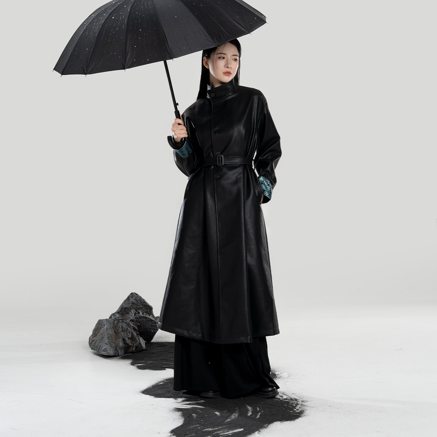 织造司[夜澜]原创汉元素改良圆领袍半高领长款风衣大衣皮衣外套女