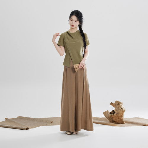 织造司[寒芦]新中式国风荡领高端短袖上衣夏半身裙女2026新款套装