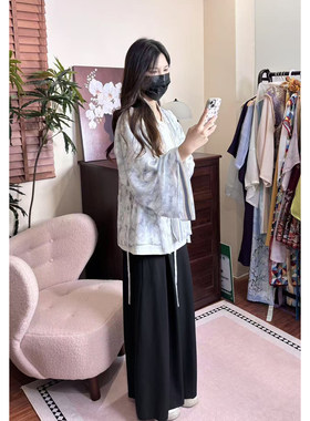 织造司原创晋制汉服水墨国风交领齐腰罩衫上衣百搭短袖T恤阔腿裤
