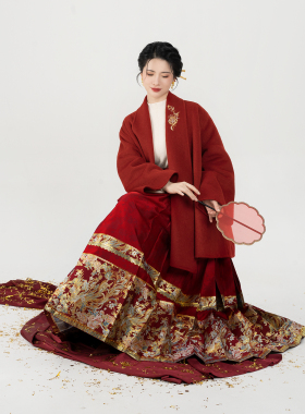 织造司[金丝月季]新年战袍红色双面绵羊毛呢子大衣织金马面裙套装