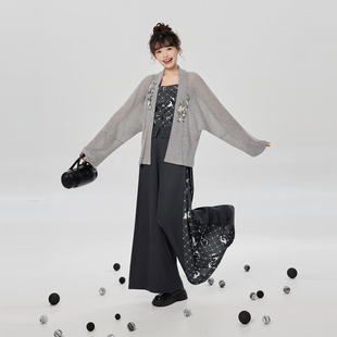 织造司[喵趣]新中式猫咪刺绣对襟外套上衣吊带抹胸改良宋裤阔腿裤