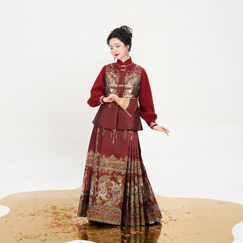 织造司[貔貅颂福]原创明制红色马面裙汉服比甲立领衬衫婚服敬酒服