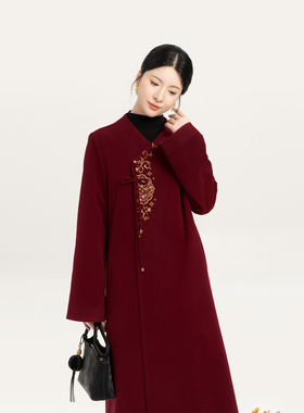 织造司[颂禧]新中式过年红色战袍国风v领毛呢大衣外套女2025新款