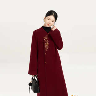 织造司[颂禧]新中式过年红色战袍国风v领毛呢大衣外套女2026新款