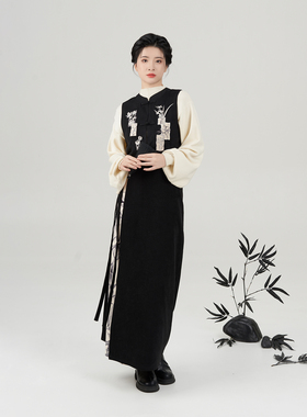织造司[君子颂]原创国风汉元素立领绣花马甲上衣竹纹印花宋旋裙女