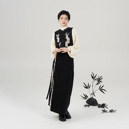 织造司[君子颂]原创国风汉元素立领绣花马甲上衣竹纹印花宋旋裙女