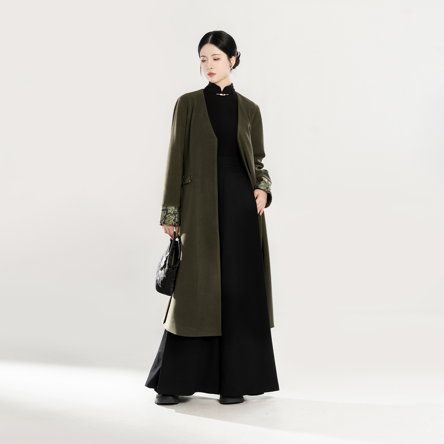 织造司[君山青]新中式国风八吉祥纹妆花织金v领中长款大衣外套女