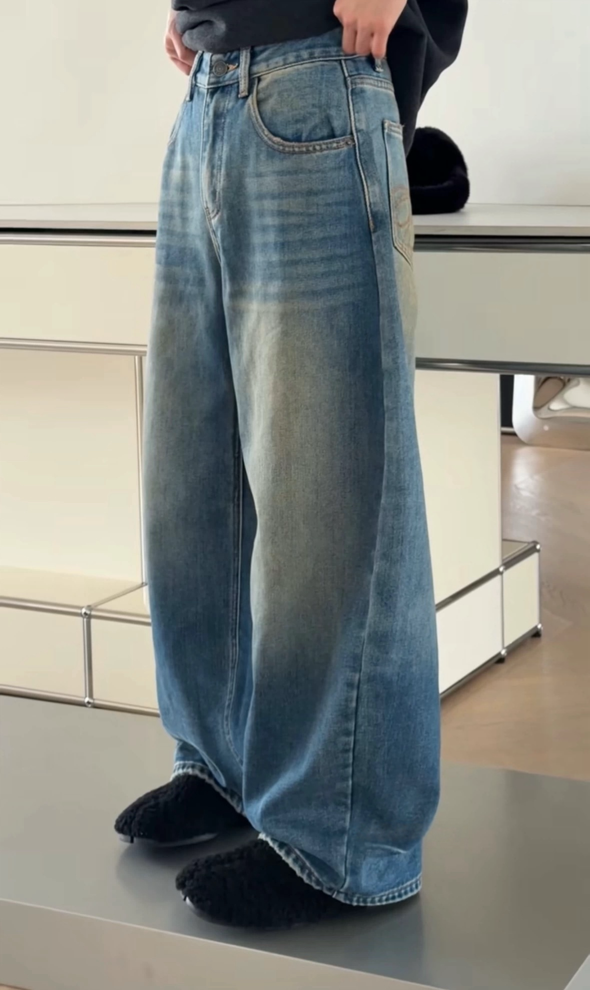 秒发诗歌兰新款女装2025冬款 18171美式街头复古抓绒弯刀牛仔裤女