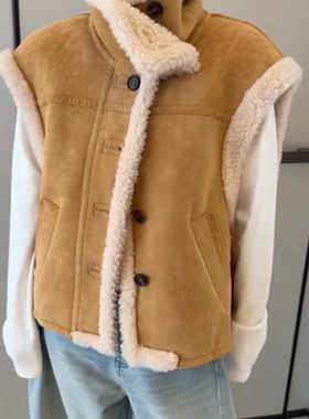 诗歌兰女装2025冬款 9909韩系休闲简约皮毛一体立领保暖马甲外套