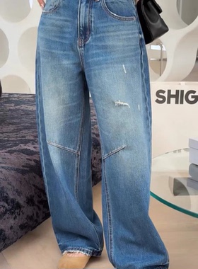 诗歌兰女装2025款 17029个性街头嘻哈直筒裤磨破毛边显瘦牛仔裤女