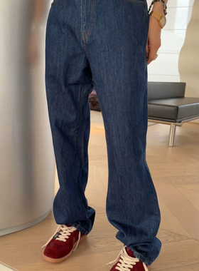 秒发M007诗歌兰韩货春秋新款简约法式休闲深蓝色显瘦直筒裤牛仔裤