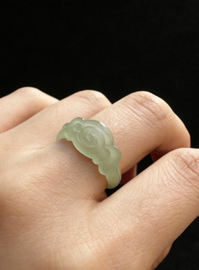 复古祥云纹情侣对戒和田玉湖水绿戒指天然青白玉男士戒指女款尾戒