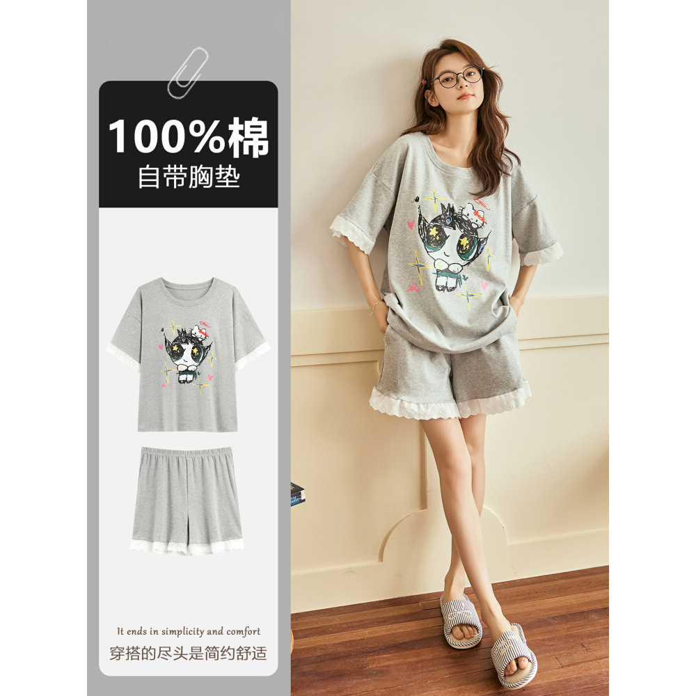 2025夏季纯棉新款卡通家居服套装带胸垫睡衣女