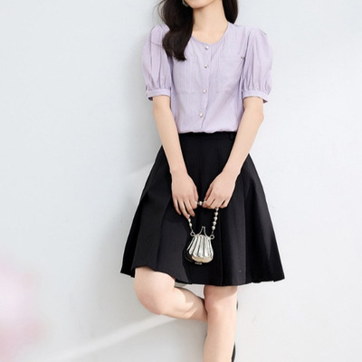 小香风泡泡袖圆领小衫上衣2024夏