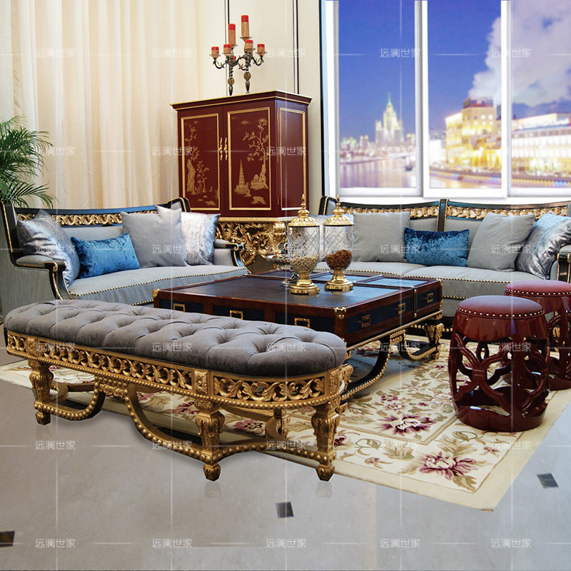 新古典时尚沙发欧式实木布艺123沙发组合大户型客厅金箔沙发定制