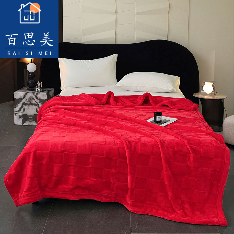 新款红色方格精品婚庆云毯时尚简约高级感柔软保暖双人床毛绒毯子
