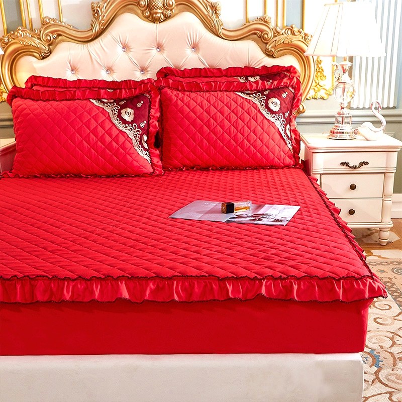 婚庆大红色加厚夹棉单件床笠床套单床罩三件套床头罩1.5m1.8m2米