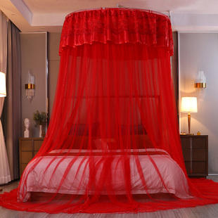 结婚庆大红色免安装 新款 吊顶蚊帐天地伸缩杆支架家用帐纱折叠圆顶
