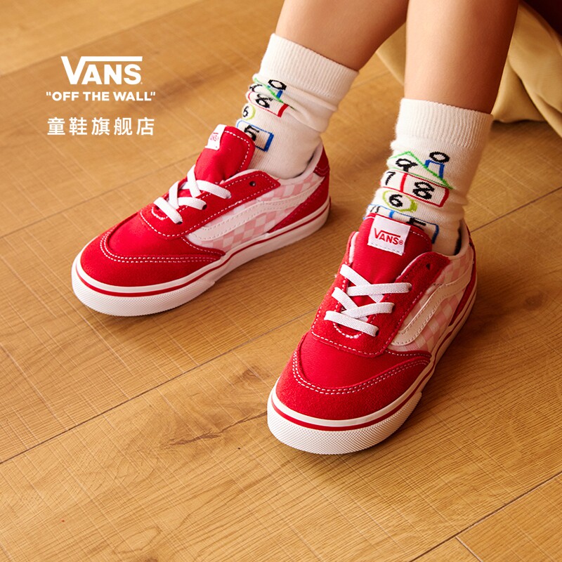 Vans范斯童鞋官方 Brooklyn LS Slip-On红色棋盘格小童板鞋