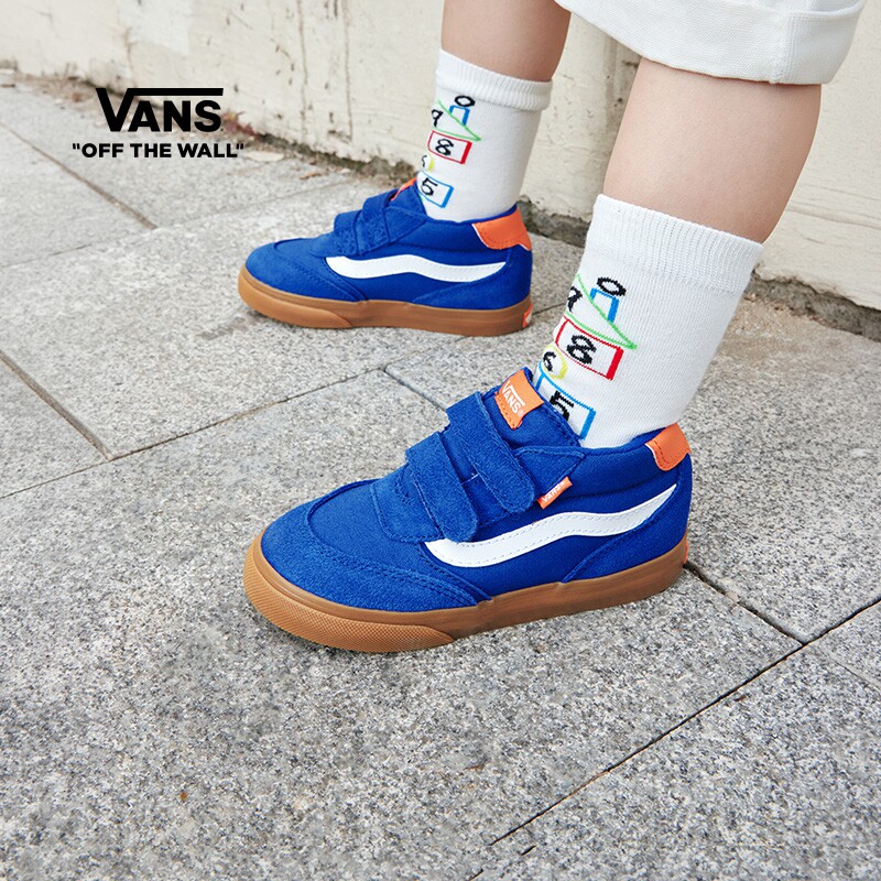 Vans范斯童鞋官方 Brooklyn Mid V蓝色魔术贴牛筋底小童板鞋