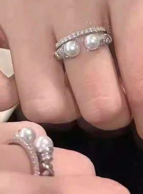 珍珠 复古老钱风精工纯银珍珠戒指 天然极光指环戒圈女，可调节