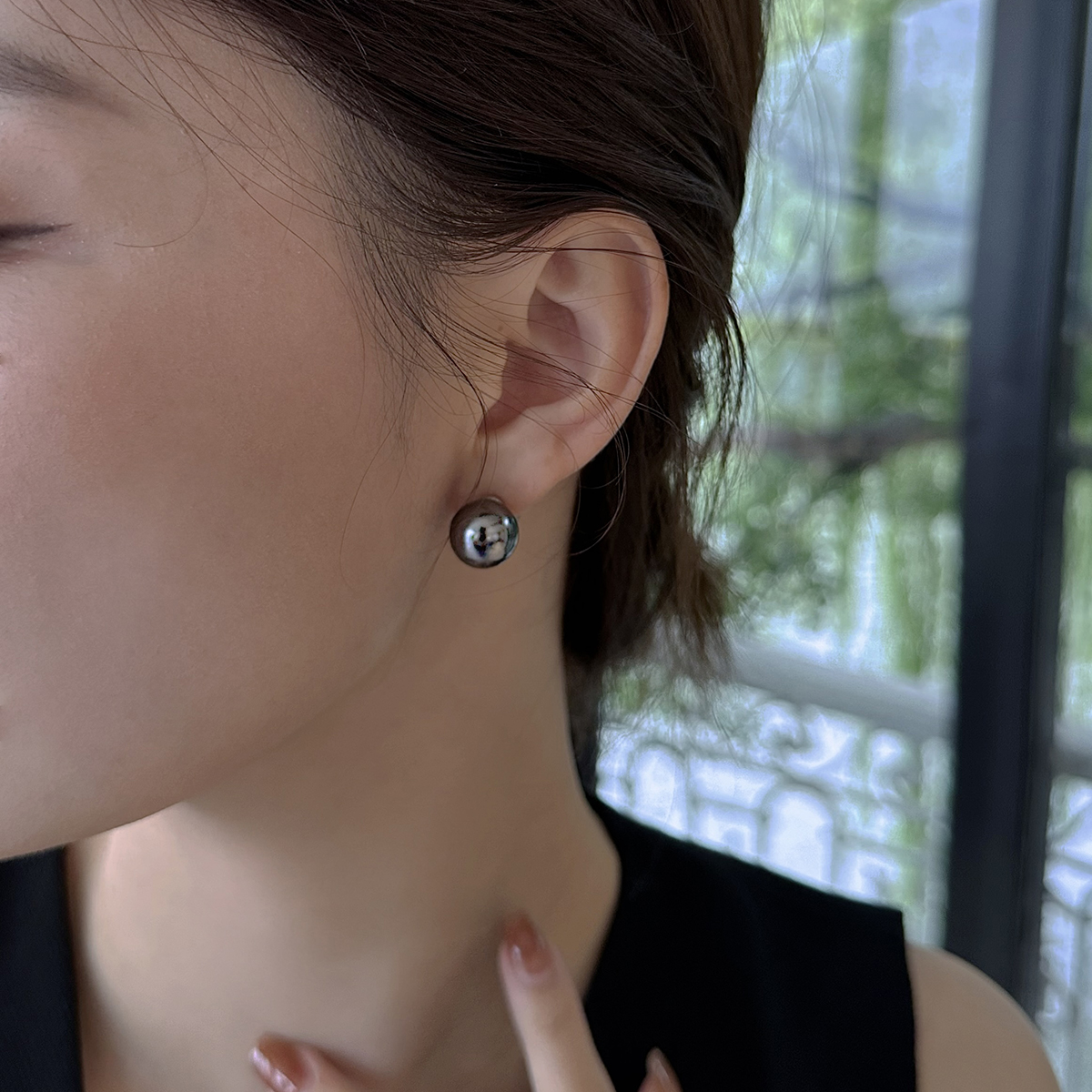 大溪地色黑色珍珠硅胶无耳洞耳夹