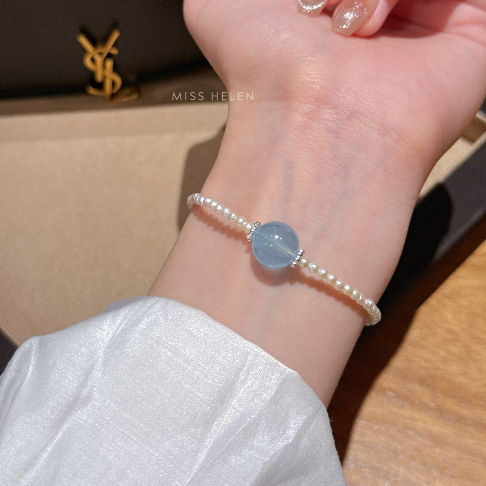 海蓝宝珍珠手链女叠戴手串送礼物