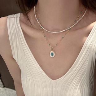 MISS HELEN茶白绿松石水晶仿珍珠项链女精致气质优雅施家米珠通勤