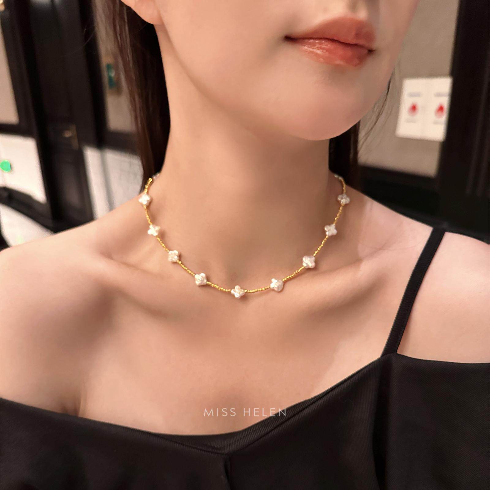 MISS HELEN四叶草」满天星车花项链女巴洛克珍珠链短款S925银通勤