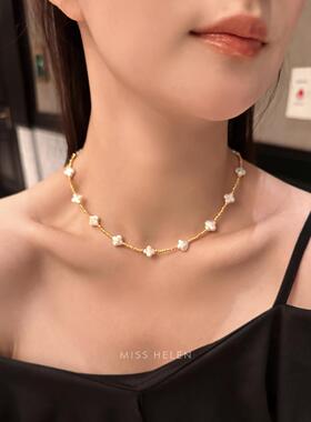 MISS HELEN四叶草」满天星车花项链女巴洛克珍珠链短款S925银通勤
