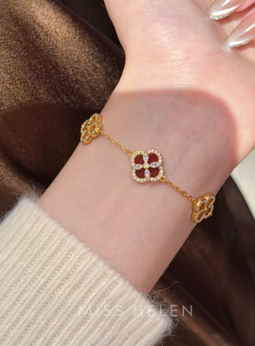 MISS HELEN 马眼四叶草红玛瑙S925银手链女璀璨叠戴高级生日礼物