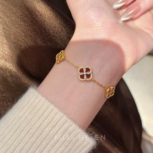 MISS 马眼四叶草红玛瑙S925银手链女璀璨叠戴高级生日礼物 HELEN