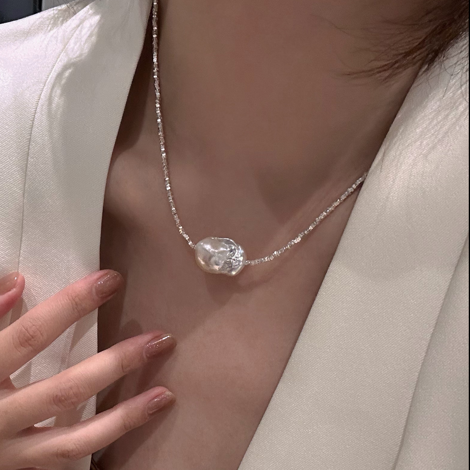 原创S925银碎银子天然巴洛克珍珠项链锁骨链高级轻奢小众精致女