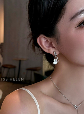 MISS HELEN「白粉母贝葫芦」耳夹女银针耳钉精致耳饰通勤耳环气质