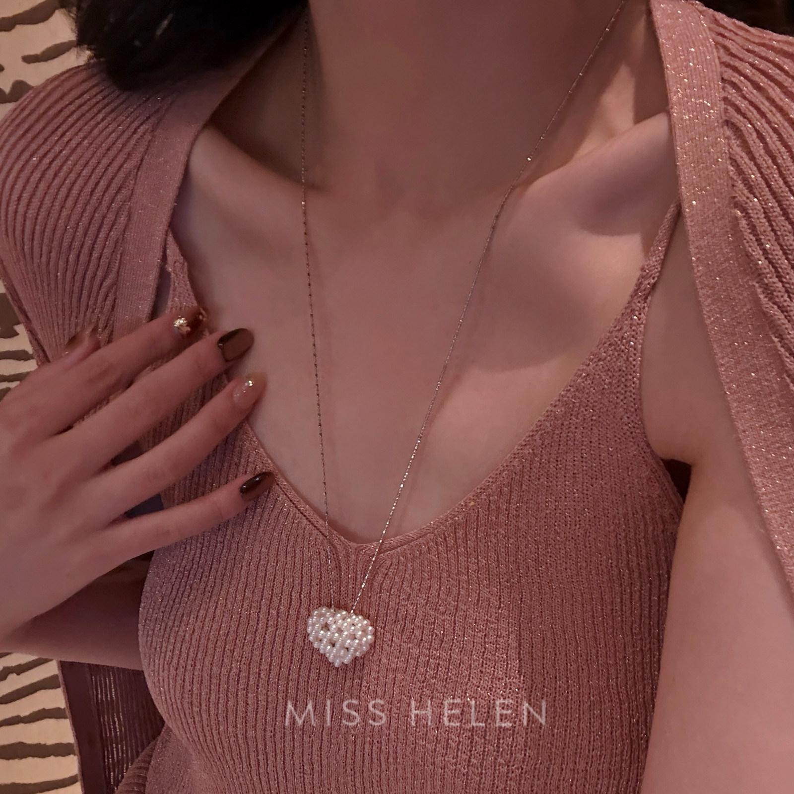 MISS HELEN天然珍珠编织桃心长款项链小众通勤设计高级感生日礼物