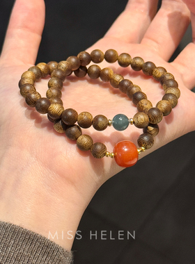 MISS HELEN 静心双圈沉香手串中式翡翠手链女简约经典设计百搭