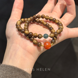 翡翠手链女简约经典 静心双圈沉香手串中式 设计百搭 HELEN MISS