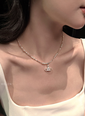 MISS HELEN闪锆土星S925银项链女碎银子短款水晶仿珍珠锁骨链颈链