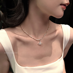 MISS 水晶仿珍珠锁骨链颈链 HELEN闪锆土星S925银项链女碎银子短款