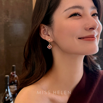 MISS HELEN 芒星四叶草红玛瑙耳钉无耳洞耳夹轻奢送闺蜜生日礼物
