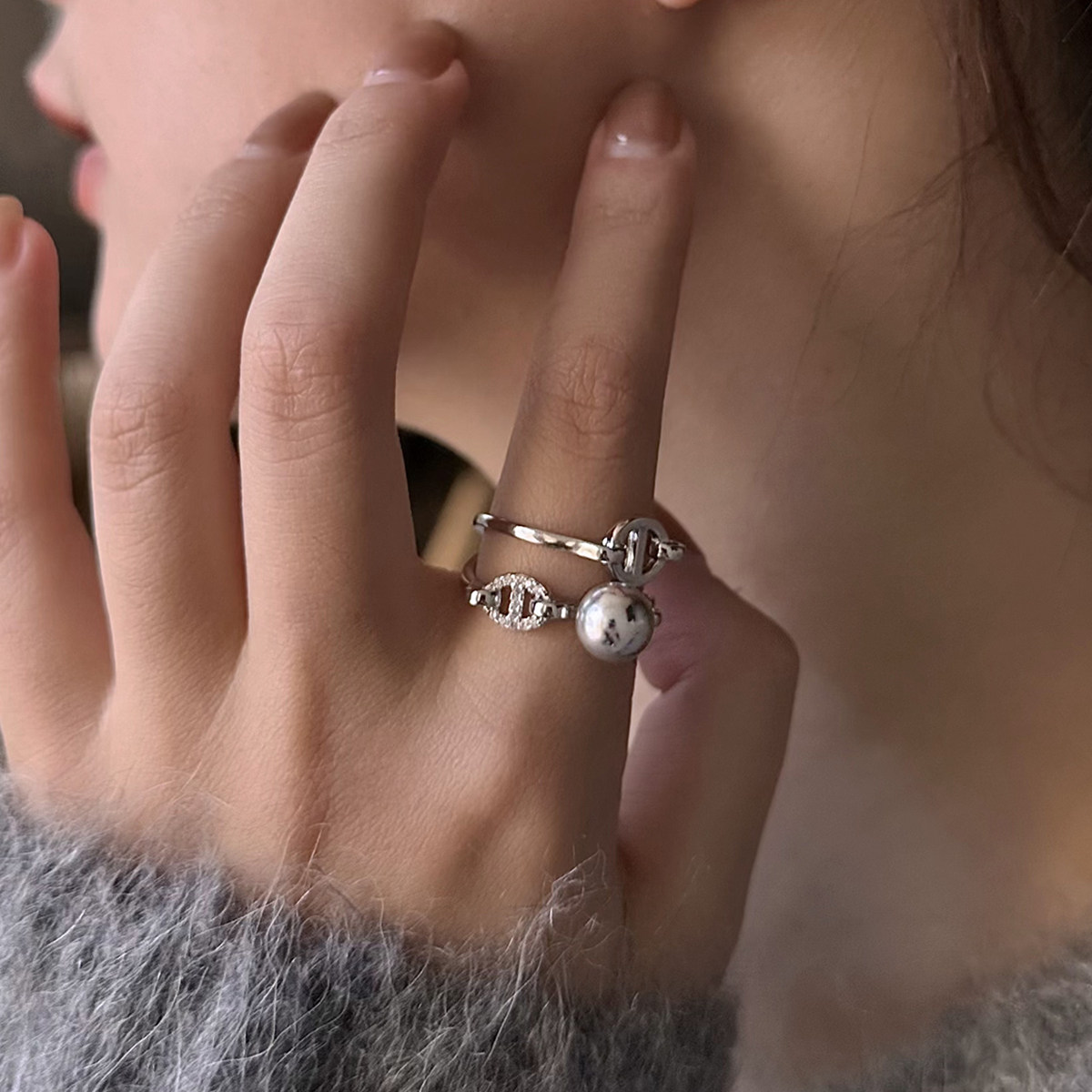 原创设计S925银猪鼻子珍珠双层戒指开口可调节轻奢气质小众高级感