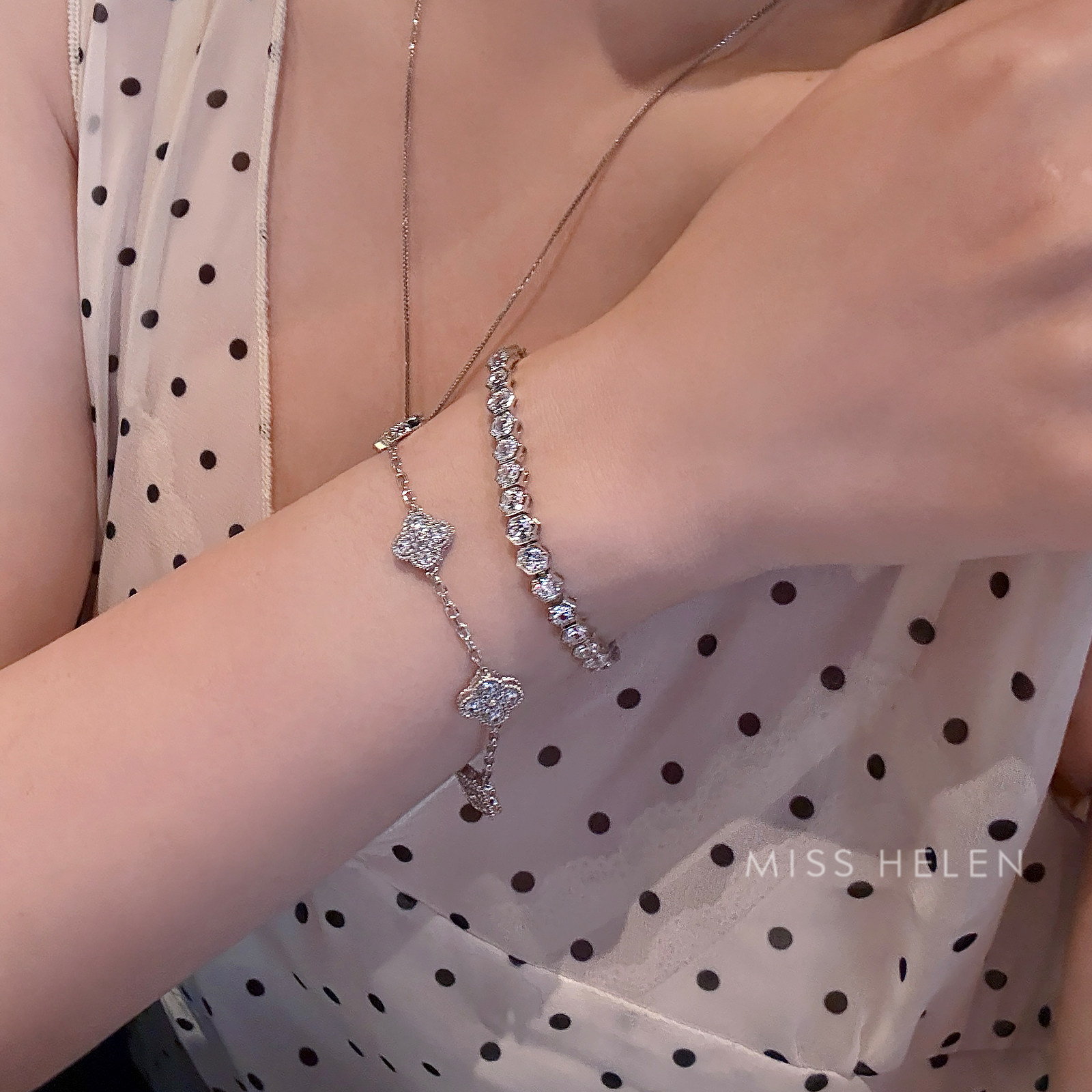 MISS HELEN「蜂巢」s925银手链女微镶锆石叠戴夏气质通勤夏季新款