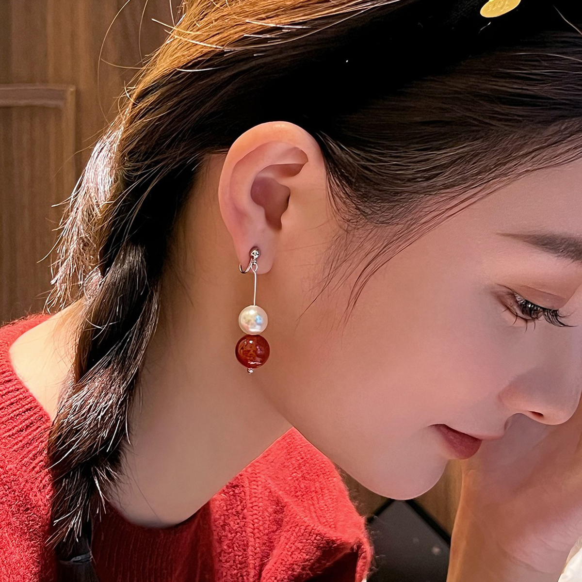 鸿运红玛瑙珍珠蚊香盘无耳洞耳夹