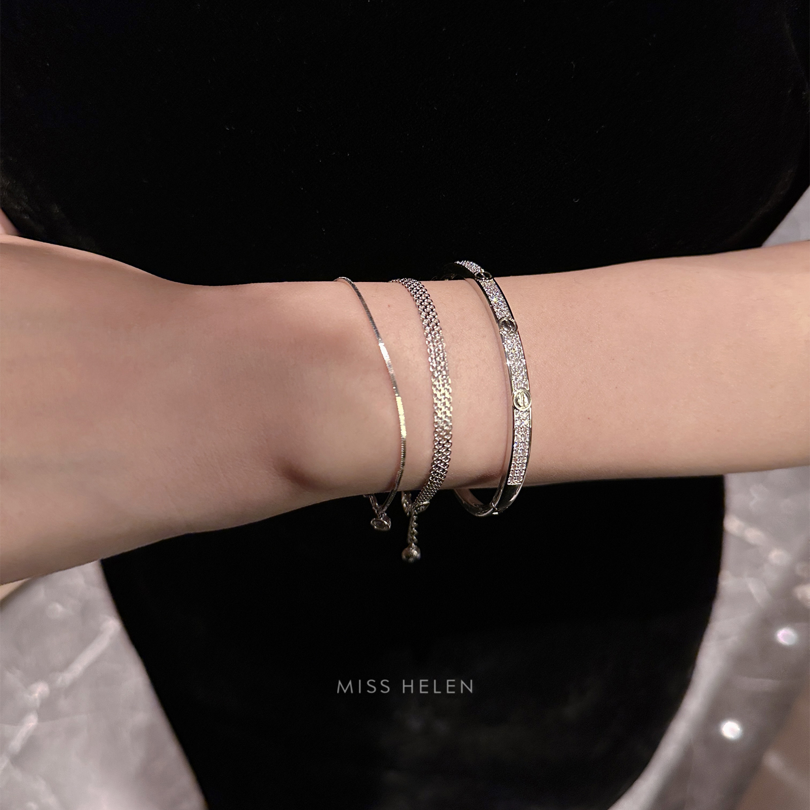 Miss Helen蕾丝坦克手链+蛇骨泡泡链」S925银手链女气质简约百搭